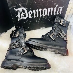 NIB DEMONIA Death Row Silver Chain Combat Boots [Bolt-250]